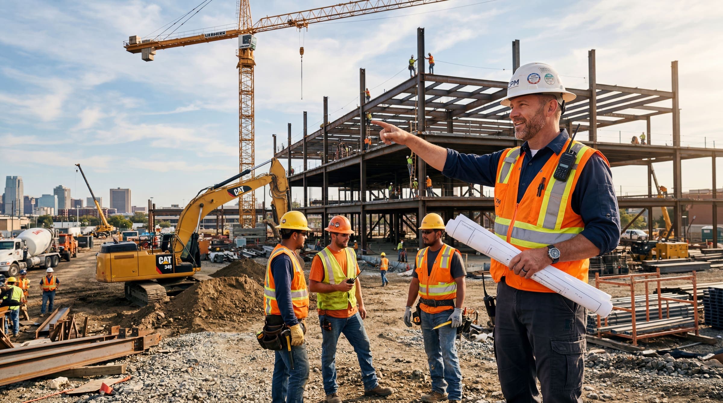 Construction leader directing a crew on a steel-frame site