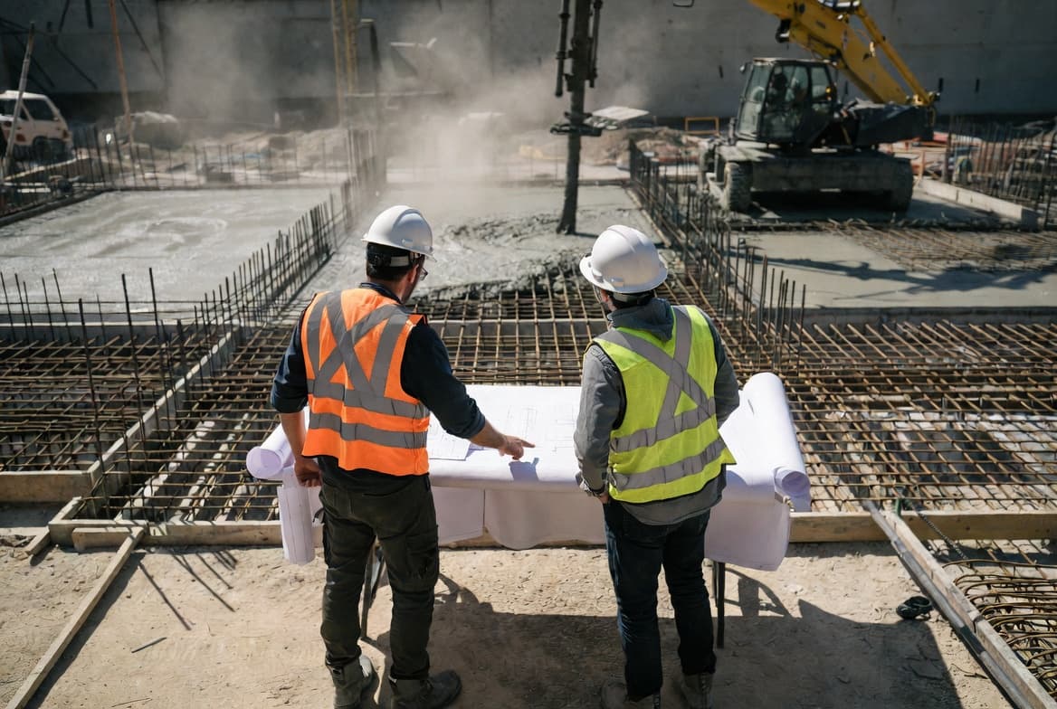 Two construction leaders reviewing plans on a job site