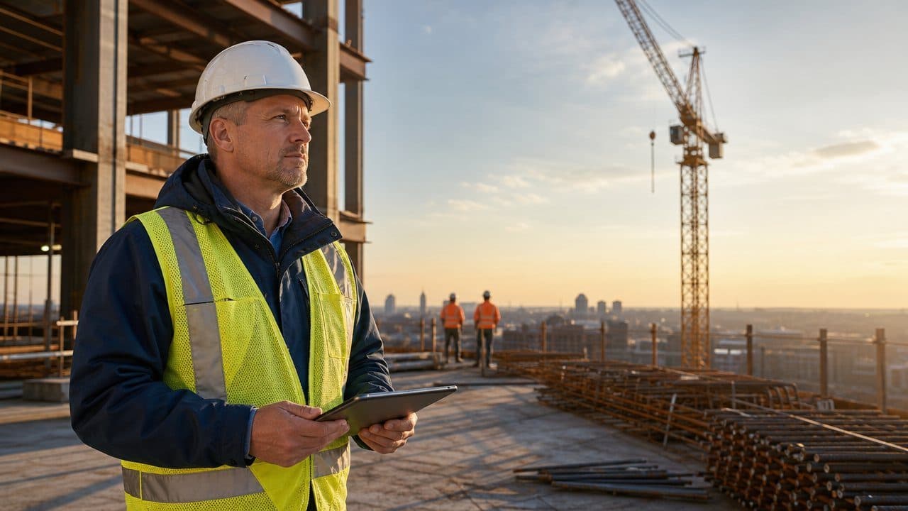 A superintendent in a hard hat and safety vest holding a tablet on a high-rise deck at sunset, with a tower crane behind